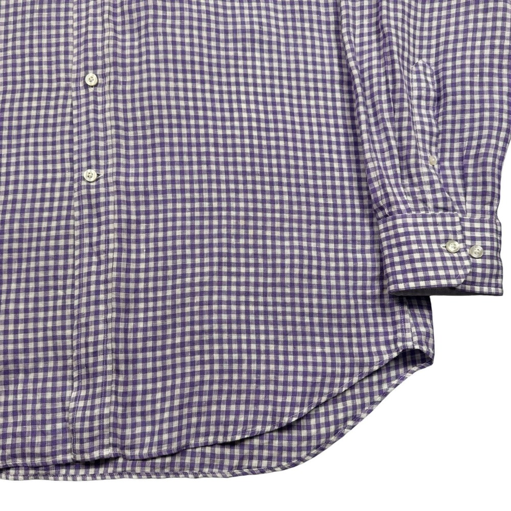 Luigi Baldo Shirt Men's XLT 100% Linen Long Sleeve Purple Check Plaid - Picture 3 of 7